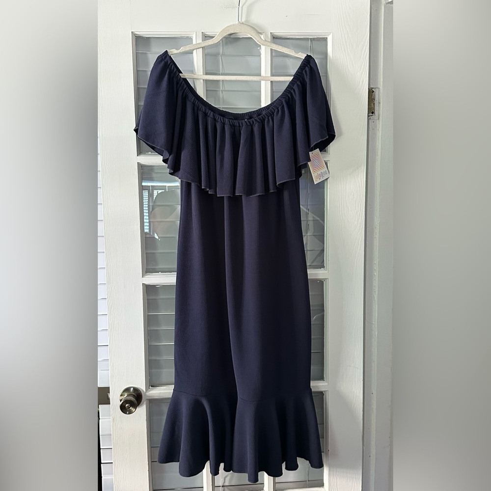 LulaRoe Women’s 2XL Blue Cici Ruffled Off Shoulder Pullover Dress | SKU 0307